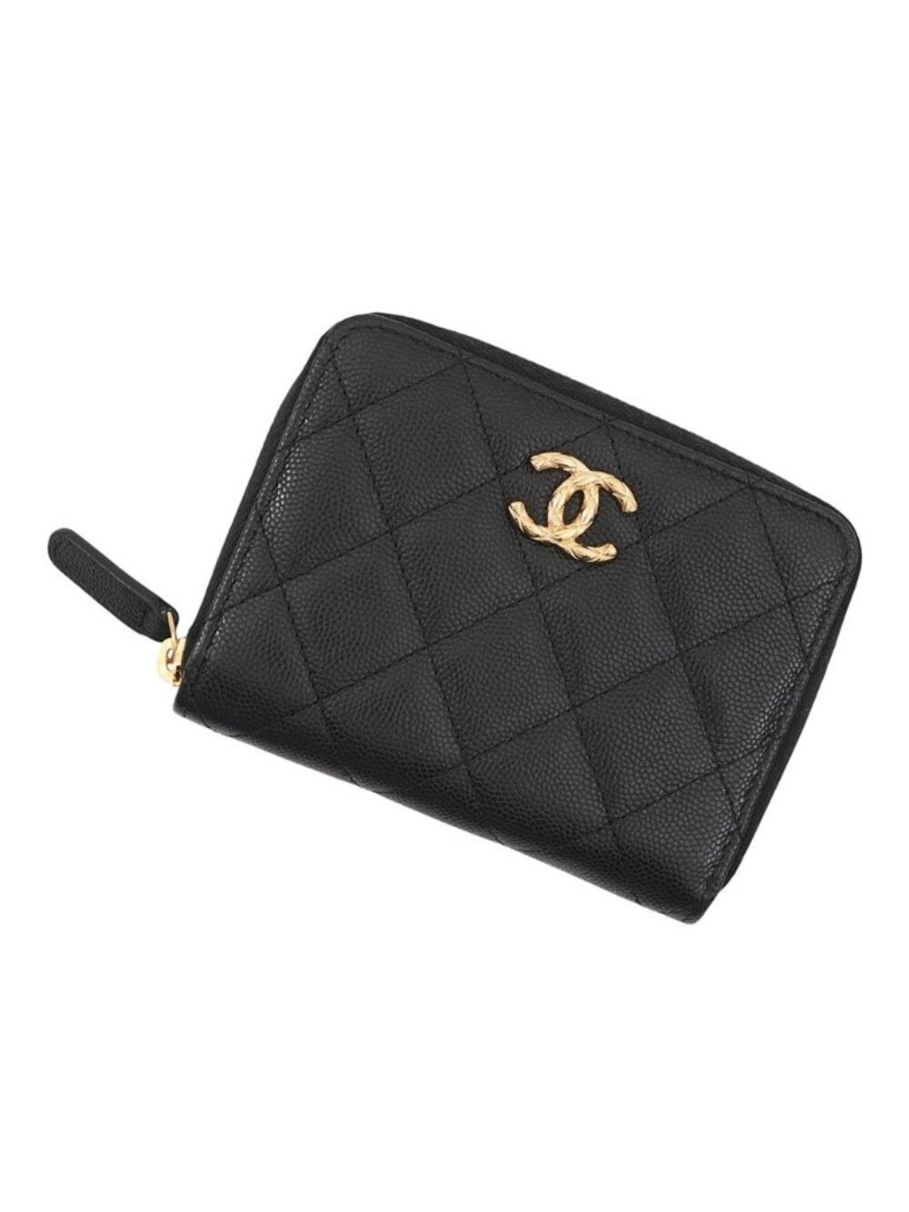 Chanel Bifold Wallet Quilted Round Zip CC Logo Caviar Leather Black